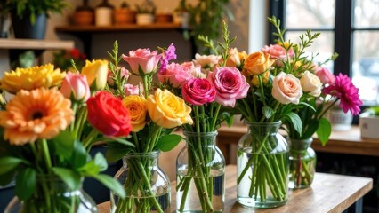 Delicate bouquets of roses on the shelves of a flower shop.