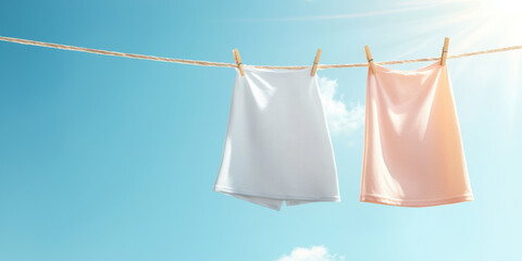 Drying clothes on sunny balcony with clear blue sky