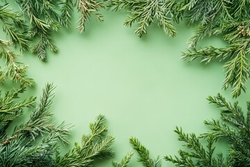 Frosted pine branches frame a pastel green background. Perfect for winter, holiday, or nature themed designs.