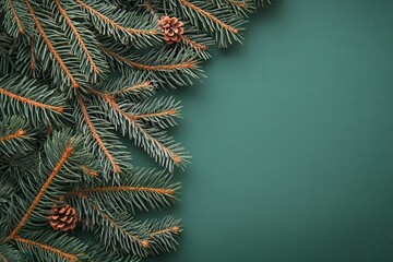 Pine branches with cones on teal background. Perfect for Christmas cards, winter blogs, or festive designs.