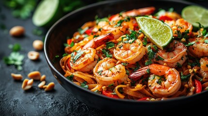 Vibrant Shrimp Pad Thai Stir Fry Noodle with Fresh Lime and Herbs in a Dark Bowl