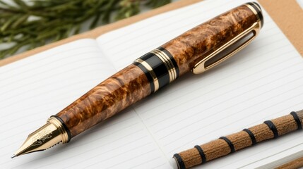 Elegant Wood And Gold Fountain Pen On Notebook