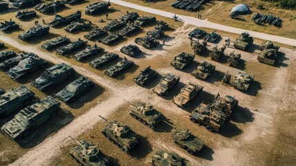 Aerial view of a military vehicle storage area with various tanks.