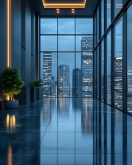 Fototapeta premium Modern office hallway with city view at night.