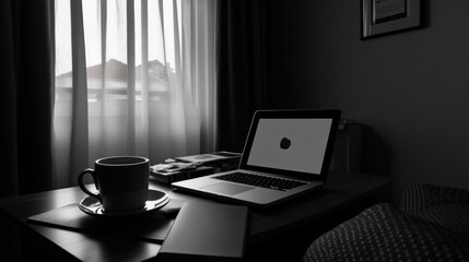 Fototapeta premium Laptop Coffee Cup And Books Near Window