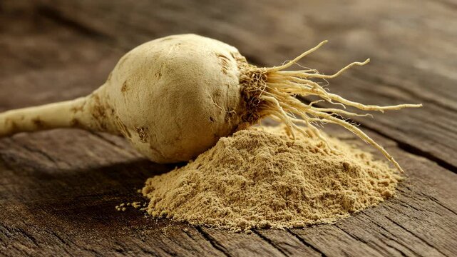 Maca root and powder on rustic wooden surface, highlighting natural health benefits