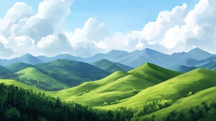 Fototapeta premium Serene Green Mountains Landscape Painting