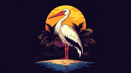 Fototapeta premium A stylized stork standing on a beach at sunset, surrounded by palm trees.
