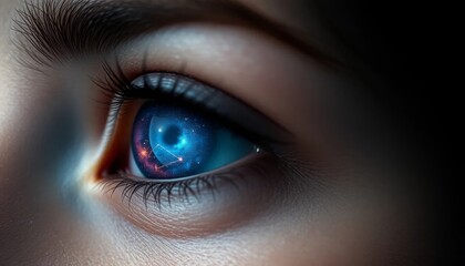 Fototapeta premium Eye with swirling galaxy, symbolizing cosmic imagination and wonder, detailed and surreal