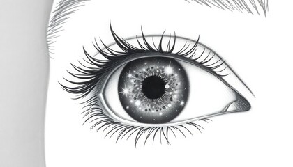 Monochrome eye with starry iris, symbolizing imagination and wonder, detailed and surreal