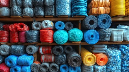 Colorful yarn balls and spools in various sizes and textures, knitting and crochet supplies, craft store display or hobby workshop, vibrant backdrop with warm and cool tones, creative fiber art inspi