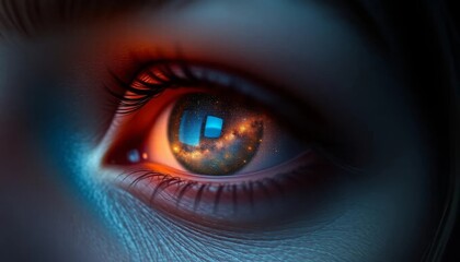 Fototapeta premium Eye reflecting cosmic glow, symbolizing imagination and wonder, detailed and surreal