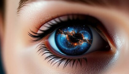 Naklejka premium Eye reflecting a galaxy, symbolizing cosmic vision and imagination, detailed and mystical