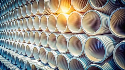 Fototapeta premium Vintage White Plastic Pipes Stacked Circle, Retro Industrial Photography, Pipe Stack