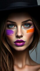 Fototapeta premium Woman with bold face paint and hat, striking makeup, intense gaze