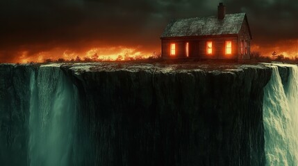 Abandoned rustic house glowing with warm lights on cliff edge during dramatic sunset, mysterious eerie atmosphere perfect for horror themes, thriller backgrounds, fantasy art, dark moody sky, rugged