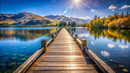 Obraz premium Wooden Jetty Bridge, Calm Lake Hayes, New Zealand, Bokeh