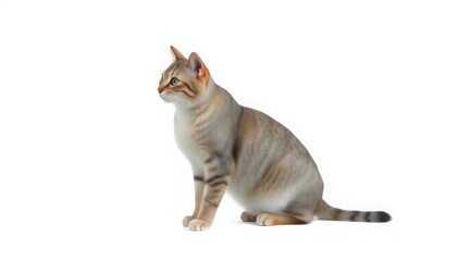 Tabby cat sitting on a white background, side profile, isolated