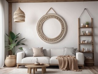 Mockup frame in nomadic boho interior background with rustic decor, Pearl wall background