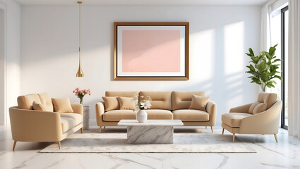 Modern interior design with light empty mock-up wall and beautiful sofa, loft and vintage of living room