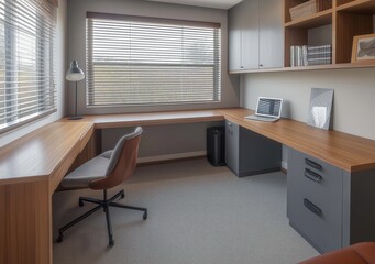 Modern office cabin with armchair, wooden table with laptop 