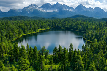 Fototapeta premium Serene mountain lake nestled in lush evergreen forest.