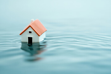 Small model house partially submerged in calm water surface, representing the effects of flooding or natural disaster on residential structures