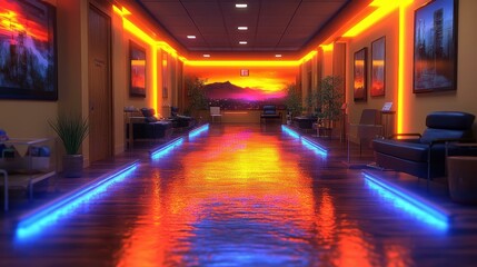 Obraz premium LED strip light Neon Ai rendering Red panels Bforartists Pemf therapy Glowday Unreal engine developer Motion array Blenderkit Futuristic hallway with glowing blue and orange lights reflecting on poli