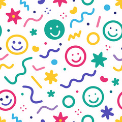 Seamless cheerful pattern with smiling faces, abstract shapes, and wavy lines on white background.