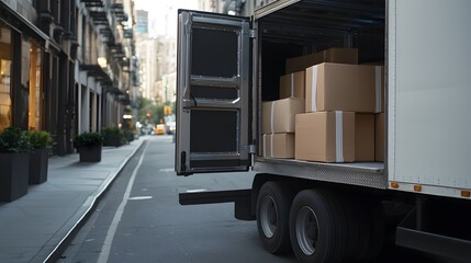 Naklejka premium Parked Delivery Truck with Open Doors in Busy City Alley, Showing Cardboard Boxes Ready for Distribution and Urban Activity