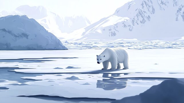 a 2D cartoon illustration of a polar bear on ice, arctic and majestic, white background--ar 16:9