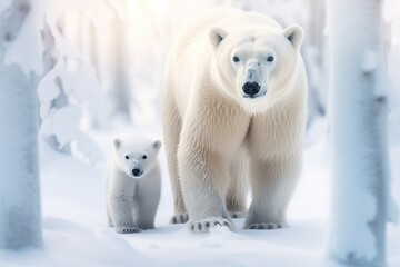 Polar bear (Ursus maritimus) mother and cub on the pack ice, north of Svalbard Arctic Norway