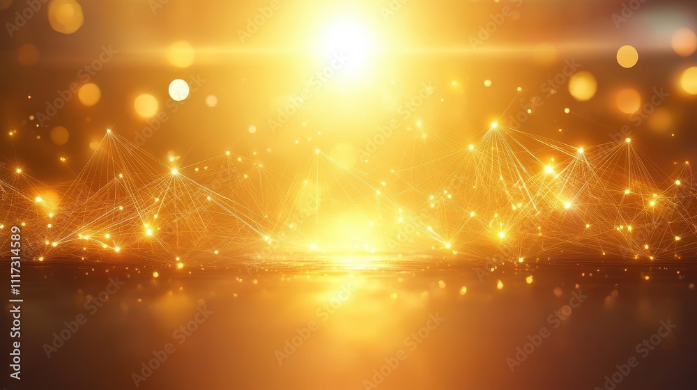 Wall mural golden abstract background with glowing network shapes and bokeh lights.