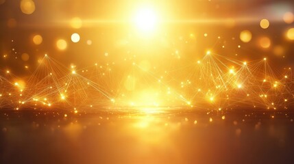 Golden abstract background with glowing network shapes and bokeh lights.
