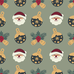 Hand drawn vector Christmas seamless pattern. Gift box, Santa Claus, Christmas ornaments.