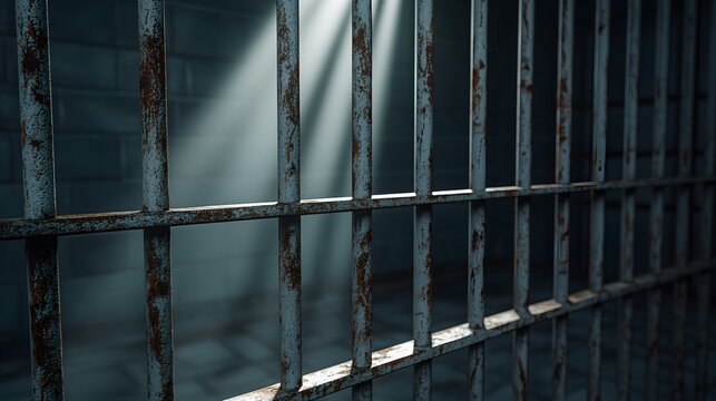 Close-Up of Rusted Bars in a Dark Cell, Capturing the Atmospheric Lighting and Textures of an Abandoned Brig Setting