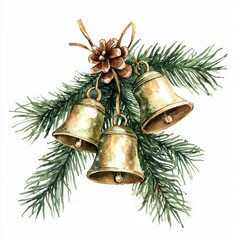 Watercolor painting of Christmas bells hanging from a pine branch, on isolated white background
