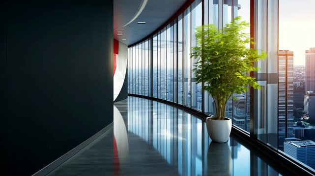 modern office building interior with glass window passageway with cityscape view