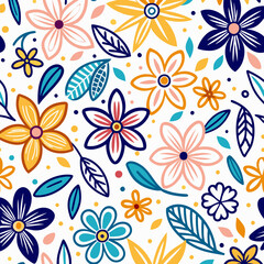 Colorful floral seamless pattern with various flowers and leaves on white background. (1)