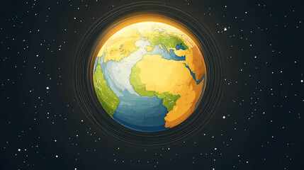 Fototapeta premium Earth axis diagram illustration showing the tilt of the Earth's rotational axis relative to its orbital plane, explaining the cause of seasonal changes and the distribution of sunlight.