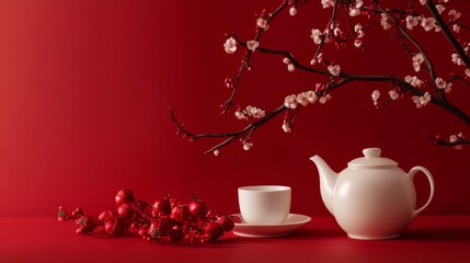 Fototapeta premium Chinese new year background with white teapot, cup of tea, plum blossoms, and hand fan. Red color background.