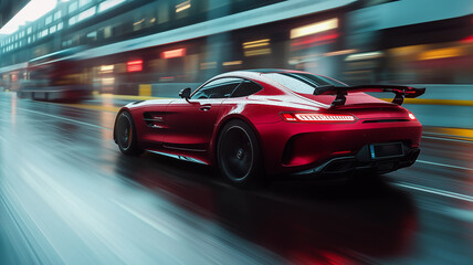 Fototapeta premium red sports car speeds through rainy urban street, showcasing its sleek design and dynamic motion. blurred background emphasizes high speed and excitement of driving