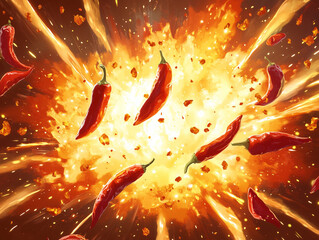 Spicy chili peppers explode in fiery burst, creating vibrant and dynamic scene filled with energy and excitement. vivid colors and intense action evoke sense of heat and flavor