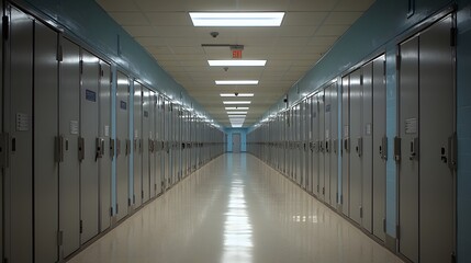 A Long Hallway in a Detention Center Featuring Rows of Locked Doors and Bright Overhead Lighting