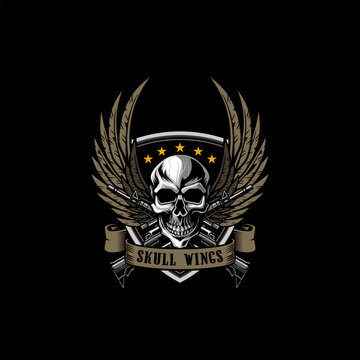 military skull with wing and Rifle vector logo template collection