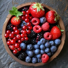 Obraz premium Colorful Mixed Berries in Wooden Bowl