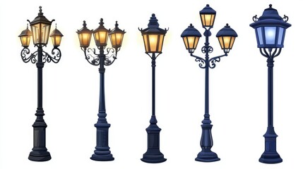 Realistic metal streetlight posts add character to urban settings.