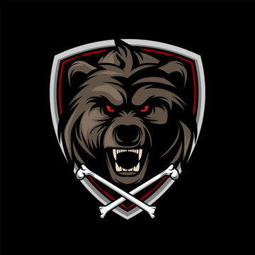 Bear Head With angry face in shield and crosbone vector illustration