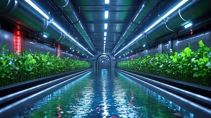 Obraz premium Vertical Farming Underground agriculture Agtech Electroculture Solarpunk Agrivoltaics Bitfarms Efishery Aidash FloraFlex Futuristic indoor farm with glowing LED lights, lush green plants growing in h