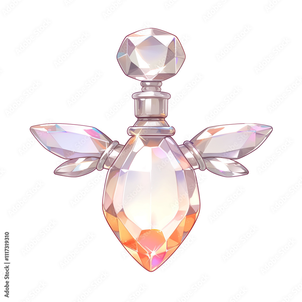 Poster delicate, opal inspired iridescent perfume bottle with crystal like design, featuring intricate wing